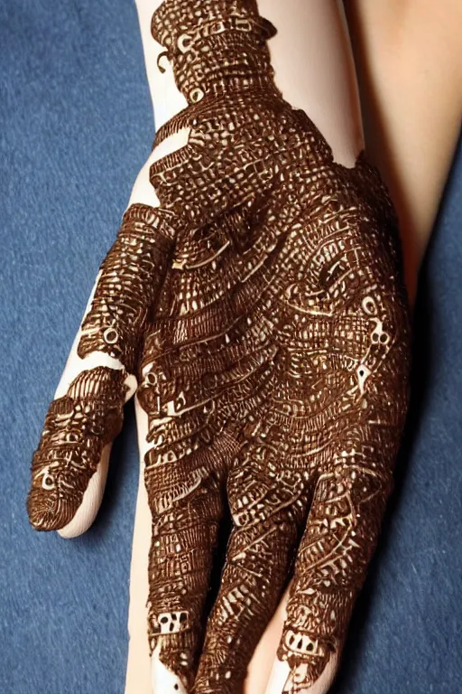 Image similar to ceramic robotic hand covered in henna