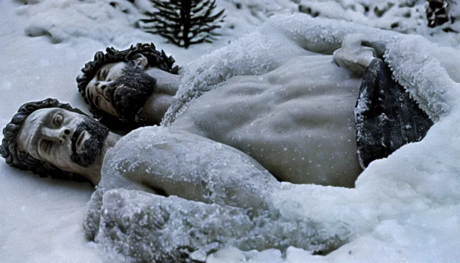 Prompt: 1 9 6 0 s movie still close up of marcus aurelius in toga frozen to death under the snow on a river's shore with gravel, pine forests, cinestill 8 0 0 t 3 5 mm, high quality, heavy grain, high detail, texture, dramatic light, anamorphic, hyperrealistic, detailed hair, foggy