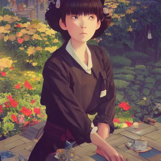 Image similar to a young woman in maid uniform on her day off by Stanley Artgerm Lau, WLOP, Rossdraws, Guweiz, Marc Simonetti, Studio Ghibli, krenz cushart, pixiv, background by James Jean and gustav klimt and John Marshall Gamble, 4k, volumetric lighting, komorebi, french nouveau, trending on artstation, octane render, hyperrealistic