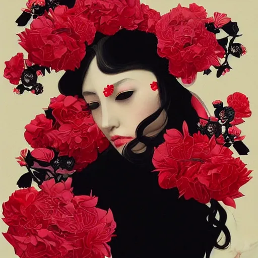 Prompt: detailed concept art painting art deco pattern black red flowers and diamonds by hsiao - ron cheng, bizarre compositions, exquisite detail