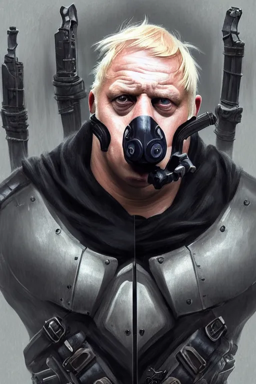 Image similar to Boris Johnson as a Bane from Dark Knight, Boris Johnson hairstyle, realistic portrait, symmetrical, highly detailed, digital painting, artstation, concept art, smooth, sharp focus, illustration, cinematic lighting, art by artgerm and greg rutkowski and alphonse mucha