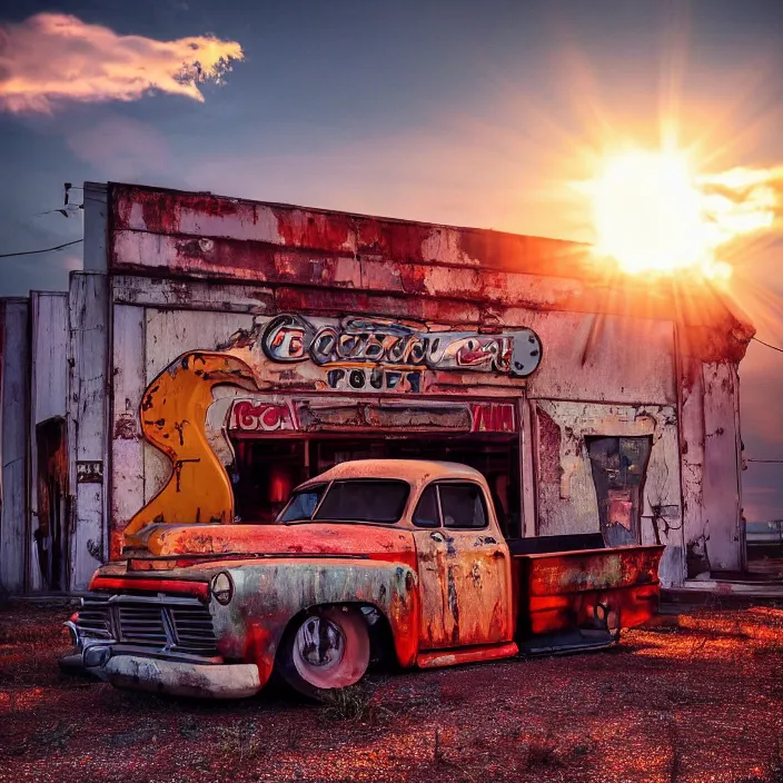 Image similar to a sunset light landscape with historical route 6 6, lots of sparkling details and sun ray ’ s, blinding backlight, smoke, volumetric lighting, colorful, octane, 3 5 mm, abandoned gas station, old rusty pickup - truck, beautiful epic colored reflections, very colorful heavenly, softlight