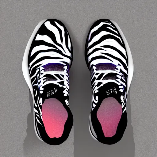 Prompt: hyper realistic complex 3 d zebra yezzy sneakers, blender, lighting wide shot