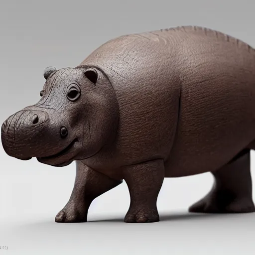 Prompt: studio product shoot, side view of a simplified hippo figurine ( carved from teak wood )!!!! and centered on a white to grey gradient background, wood grain!!!!!!, photorealistic, hyperrealistic, 8 k hd, octane render, unreal engine, featured on cgsociety