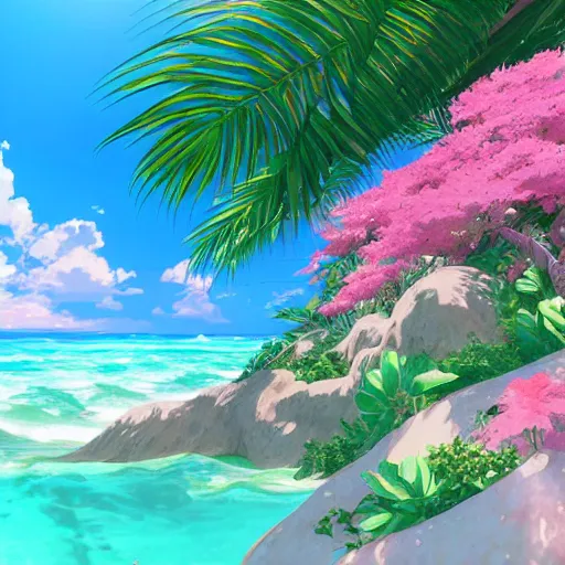 Image similar to a beautiful graphic contour outline render of a dreamy tropical anime island paradise by makoto shinkai, pink accents, soft details, graphic art