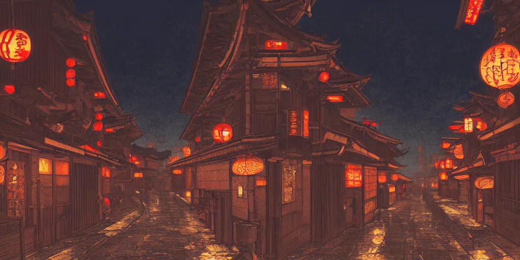 Prompt: feudal japan tokyo street at night, street level, cinematic lighting, 4k, trending on artstation, lots of lights, lots of signs, intricate illustration, digital art, ultra detailed, art by albert bierstadt