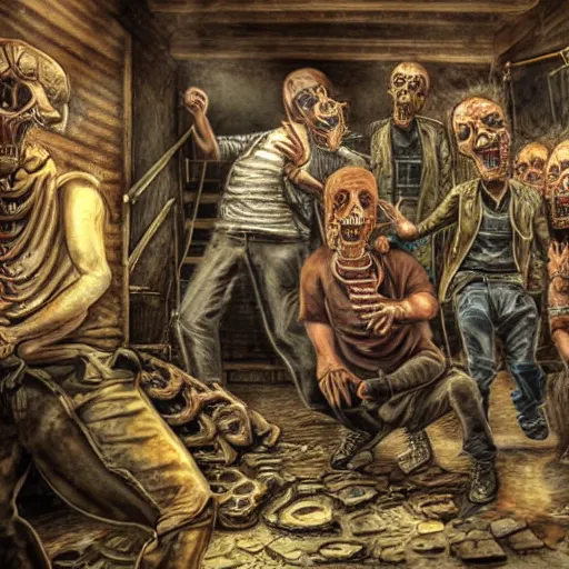 Prompt: An realistic, detailed image of an guy discovering a bunch of skeletons raving in his basement