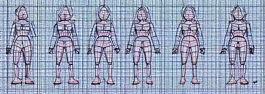 Image similar to pattern of anthropomorphic cute 3 d females accompanying artificial intelligence blueprint, leonard da vinci style
