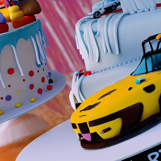 Image similar to an intricate render of a birthday cake with a GT3S, unreal engine, rendered by Octane, 4k