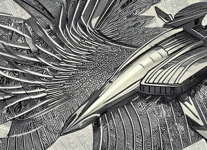 Prompt: concept art of a modern jugendstil jet plane with ornate birdlike wings with art deco patterns flying over a macedonia, dieselpunk, high fantasy