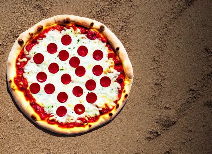 Prompt: clear highly detailed photorealistic food photograph of a pizza salamr with a mikasa beach volleyball next to lying in beach sand