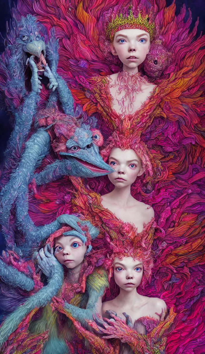 Image similar to hyper detailed 3d render like a Oil painting - kawaii portrait of two Aurora (a beautiful skeksis muppet fae queen protector from dark crystal that looks like Anya Taylor-Joy) seen red carpet photoshoot in UVIVF posing in scaly dress to Eat of the Strangling network of yellowcake aerochrome and milky Fruit and His delicate Hands hold of gossamer polyp blossoms bring iridescent fungal flowers whose spores black the foolish stars by Jacek Yerka, Ilya Kuvshinov, Mariusz Lewandowski, Houdini algorithmic generative render, Abstract brush strokes, Masterpiece, Edward Hopper and James Gilleard, Zdzislaw Beksinski, Mark Ryden, Wolfgang Lettl, hints of Yayoi Kasuma and Dr. Seuss, octane render, 8k