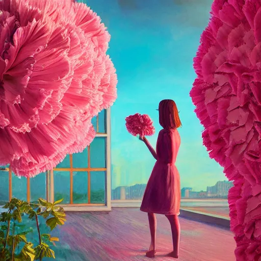 Prompt: giant carnation flower head, woman standing next to modern window in luxury loft, surreal photography, sunlight, impressionist painting, digital painting, artstation, simon stalenhag