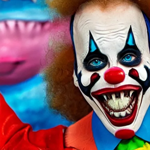 Prompt: photo of a hybrid between a shark and a clown