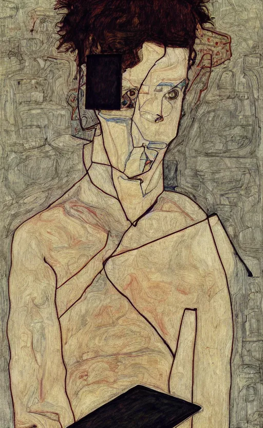 Prompt: creative coder with a computer, by egon schiele, portrait, abstract, detail