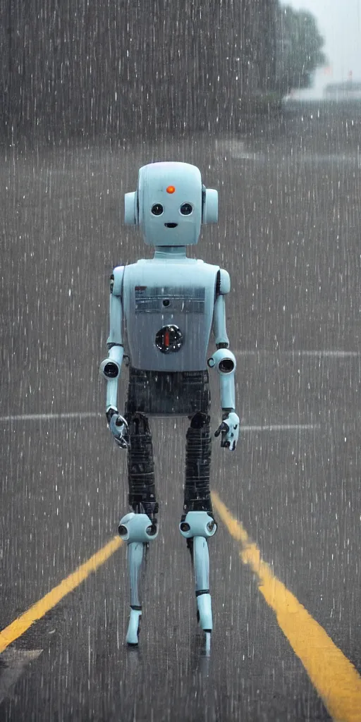 Image similar to robot on the road, city, photo, rain,