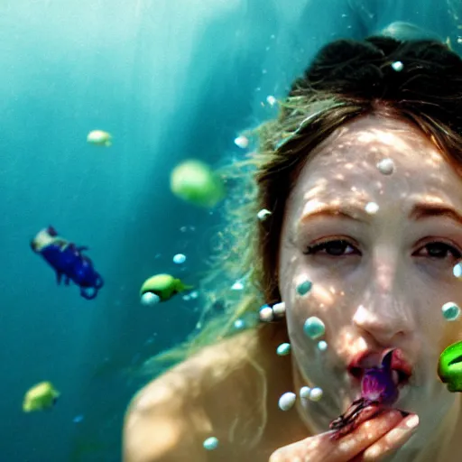 Prompt: a woman underwater with lots of tiny tadpoles in her mouth and coming out lighting 3 5 mm cinematic realistic