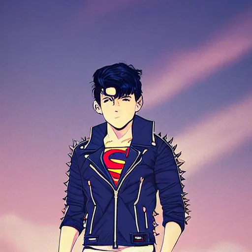 Prompt: a black haired blue eyed teen boy in a punk outfit. Leather jacket. Patches. Spiked shoulder pads. Superboy. 90’s superboy. Superman. By Repin. By Makoto shinkai. Artgerm.