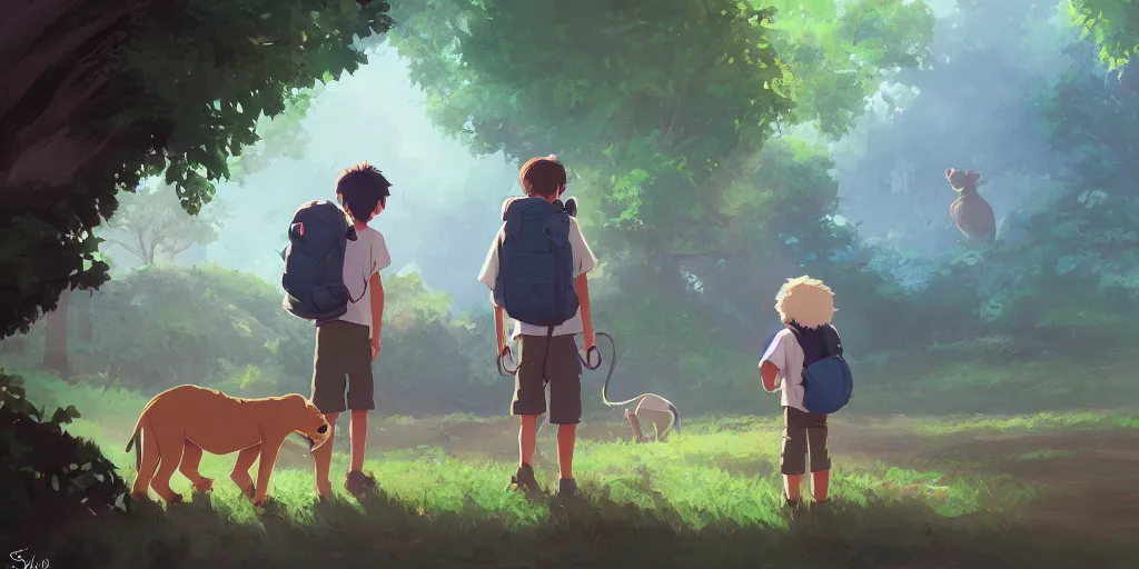 Prompt: concept art by sylvain sarrailh of a single boy wearing a backpack meeting a friendly lion, forest, studio ghibli