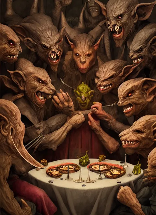 Prompt: profile group face portrait of medieval goblins having a banquet in the cloisters, beautiful face, hyper realistic, highly detailed, digital painting, artstation, illustration, concept art by hyung tae, bosch, giger, frank frazetta, digital paint, matte paint, washed colors, dark, gloomy