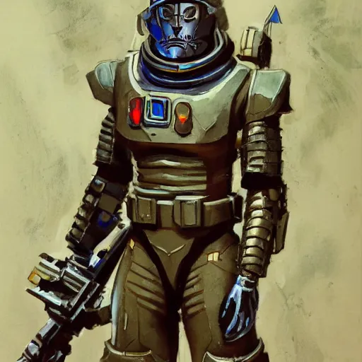 Prompt: a space fantasy soldier in powered armor holding a weapon in the style of Ralph McQuarrie/Syd Mead/John Berkey detailed realistic