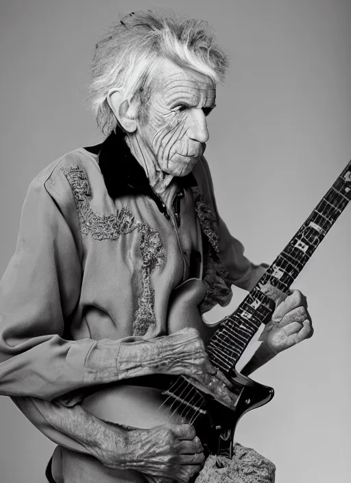 Image similar to DSLR photo portrait still of 132 year old age 132 Keith Richards at age 132!!!, 85mm f1.8