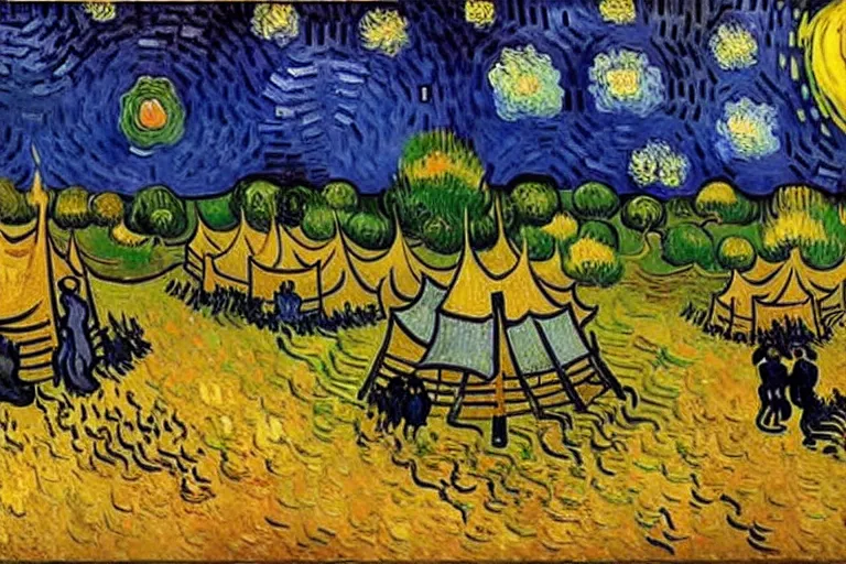 Image similar to van gogh painting of a campsite with bonfire