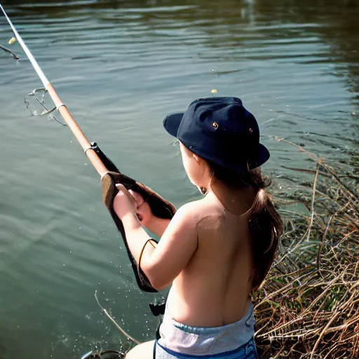 Prompt: young cute girl fishing, photography