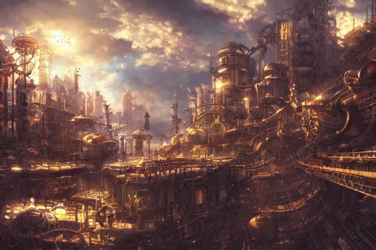 Image similar to steampunk anime landscape, beautiful, artstation trending, deviantart, highly detailed, focus, smooth, by hirohiko araki, yoshitaka amano