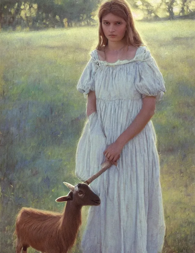 Prompt: portrait of peasant girl in a long dress pet a goat, cottage core, cinematic focus, polaroid photo bleached vintage pastel colors high - key lighting, soft lights, foggy, by steve hanks, by lisa yuskavage, by serov valentin, by tarkovsky, 8 k render, detailed, oil on canvas