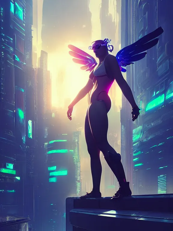 Image similar to cyberpunk, icarus, neon lights, futuristic city, cinematic, sunlight, ultra realistic, octane render, alphonse mucha, artgerm, greg rutkowski, character concept, very detailed, elegant, lonely atmosphere, sharp focus