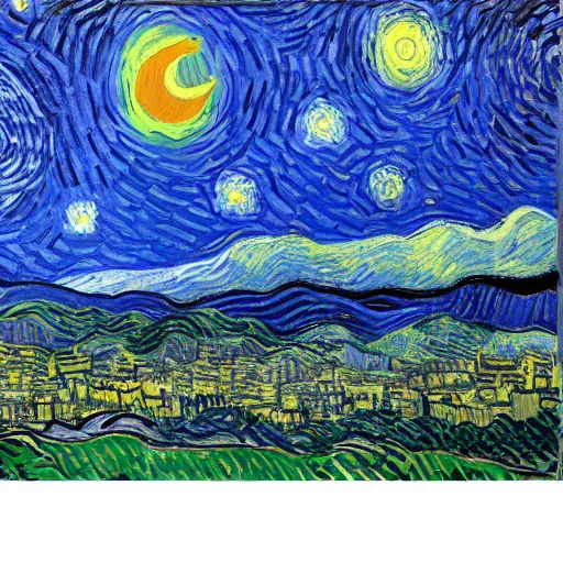 Prompt: asheville skyline in the style of starry night, by vincent van gogh