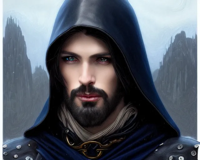 Prompt: handsome male face portrait, long black hair blue eyes wearing leather mantle gothic navy cloak with leather details, cliffside town, fantasy character portrait, ultrarealistic, intricate details, elegant, cinematic lighting, highly detailed, artstation, d & d art, cgsociety, sharp focus, beautiful digital painting by artgerm, gerald brom, wlop, alphonse mucha