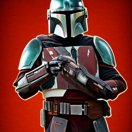 Image similar to realistic mandalorian holding a small black box