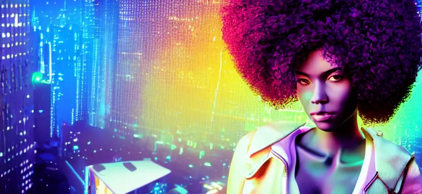 Image similar to portrait of a beautiful black woman with afro hair, cyberpunk rio de janeiro background, digital art, trending on artstation, global illumination, backlit, purple and blue, corcovado on the background