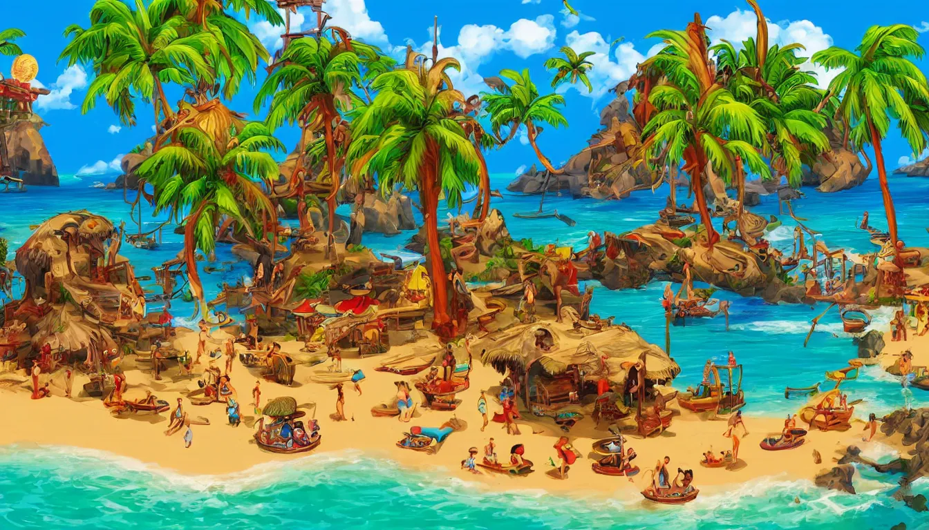 Image similar to a tropical beach scene, The curse of monkey island, animation, high detail, colorful