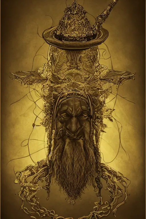 Prompt: a study of cell shaded illustration of a ornate a wizard, golden ratio, post grunge screen print poster, blank ink, character concept art by Miles Tsang, highly detailed, sharp focus, Artstation, deviantart, artgem