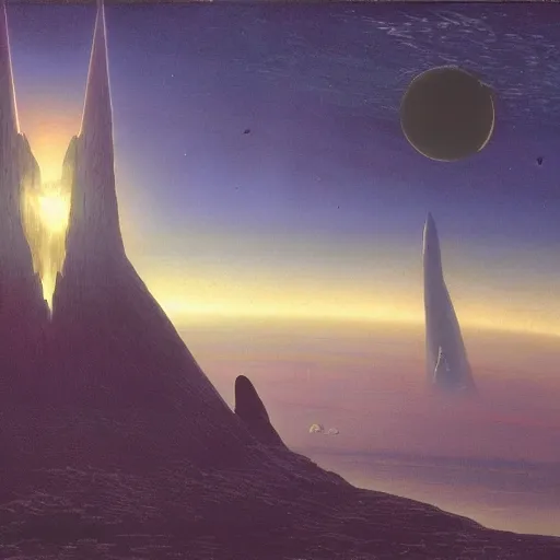 Image similar to large spaceship orbiting over a alien planet, volumetric light from nearby star, style by caspar david friedrich and wayne barlowe and ted nasmith.