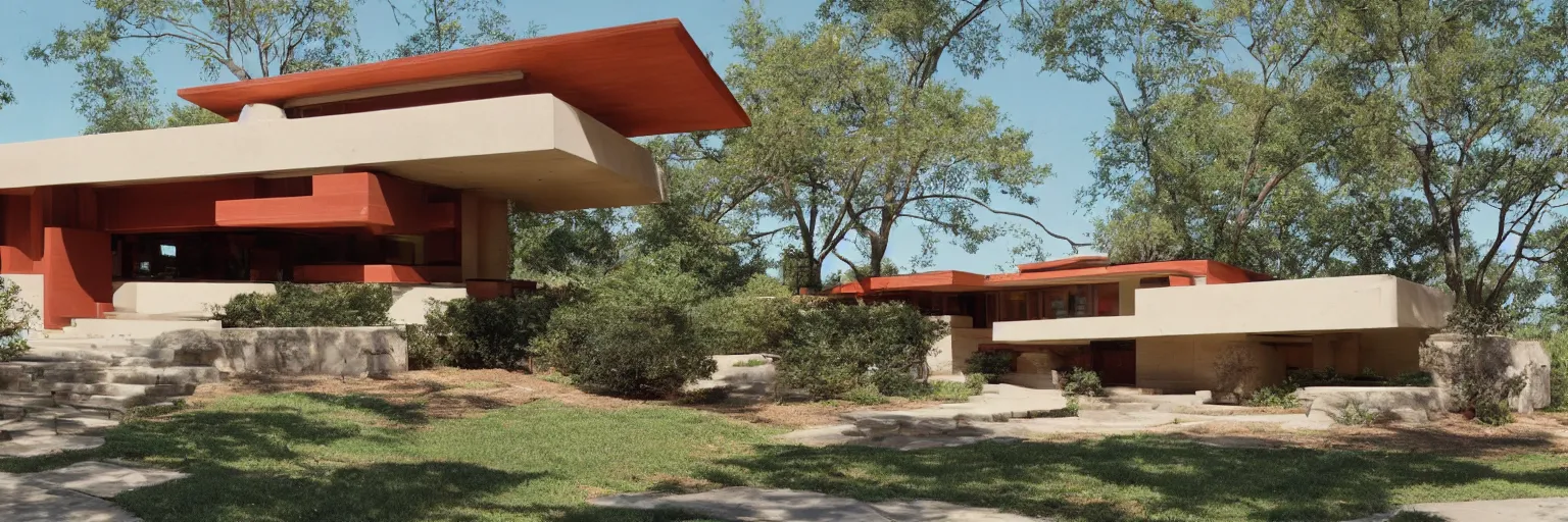 Image similar to midcentury architecture. modernism. wide shot. imagined by frank lloyd wright, photorealistic