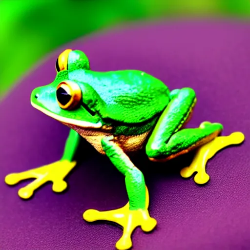 Image similar to Ordinary garden frog transforming into a human Prince with green suit and jeweled crown