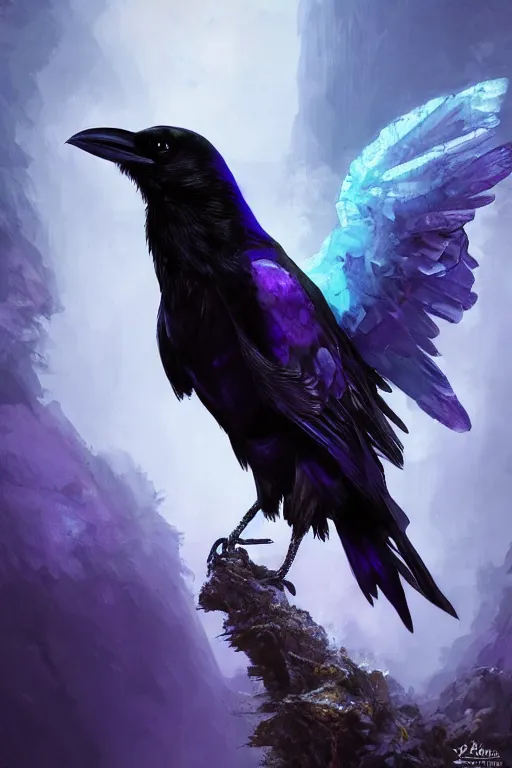 Image similar to portrait of a beautiful one raven perched on purple crystals that are glowing in a misty valley, establishing shot, extremly high detail, foto realistic, cinematic lighting, by yoshitaka amano, ruan jia, kentaro miura, artgerm, post processed, concept art, artstation, raphael lacoste, alex ross