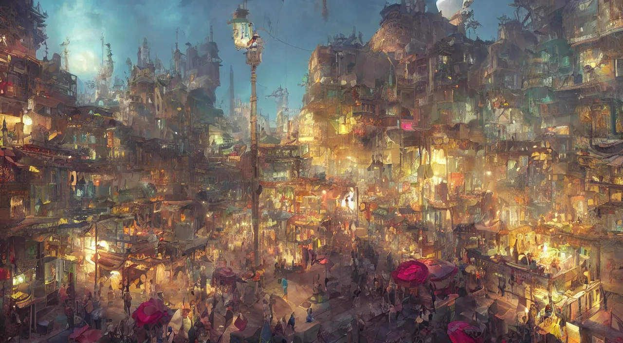 Image similar to bazaar zouk oriantal place mosquet multicolorful sky shine matte painting, street art, trending on artstation, by huang guangjian and gil elvgren and sachin teng