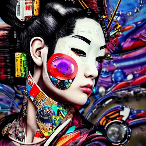 Image similar to portrait of cyborg geisha by sandra chevrier, by makoto shinkai, cybernetics, glamor shot, closeup, vivid colours, hyper realistic detailed intricate render, hypermaximalist, ornate, epic composition, sharp focus, masterpiece