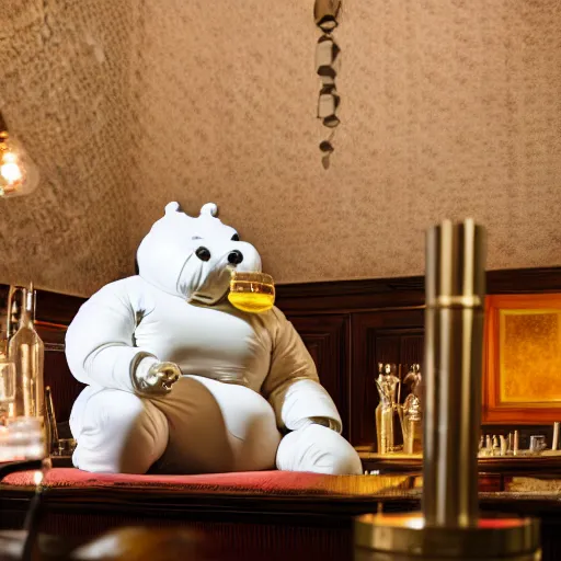 Image similar to cinematic photo of a taxidermied michelin man drinking a scotch on the rocks in a fancy old fashioned smoking room