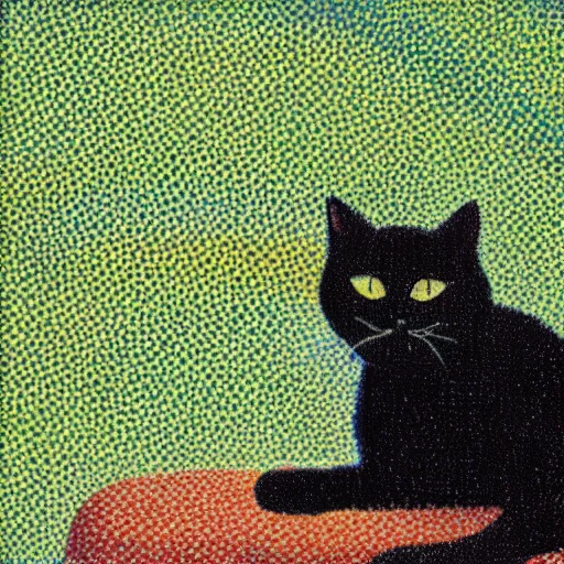 Prompt: black cat with a stubby tail sleeping in a sunbeam, pointillism