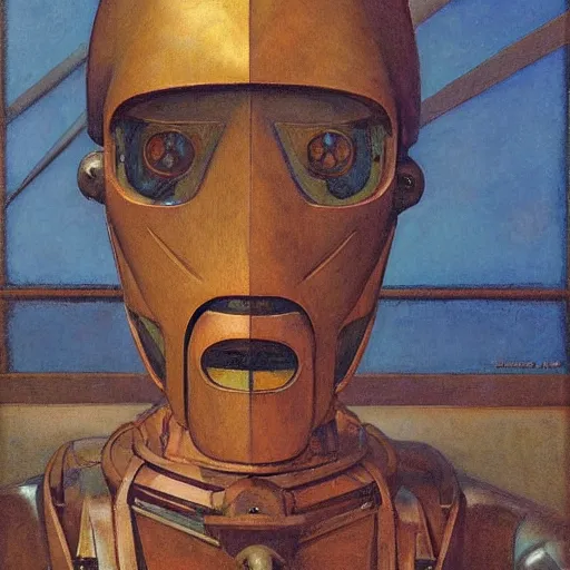 Prompt: the robot wearing her human mask, by jessie willcox smith and donato giancola and nicholas roerich, symbolist, dramatic lighting, elaborate geometric ornament, art brut, god rays, soft cool colors, smooth, sharp focus, extremely detailed