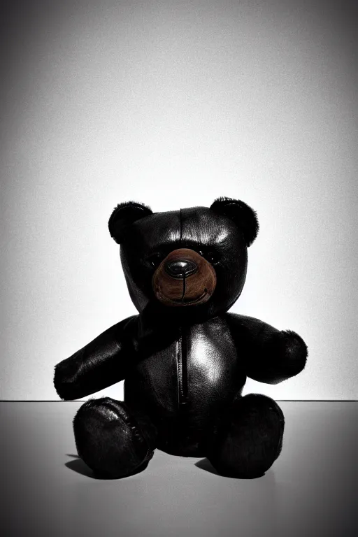 Prompt: vintage analog product photography of a black leather teddybear, polished, sheen, 70s design, many zippers, studio lighting, film grain, lensflare, color bleed, glare