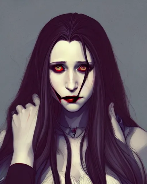 Prompt: in the style of Joshua Middleton and artgerm, beautiful evil vampire Taissa Farmiga sharp bloody vampire fangs open mouth, long black hair, full body, moody lighting