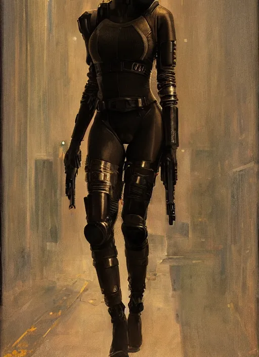 Image similar to Maria Igwe. female Cyberpunk samurai wearing military vest walking through nightclub (blade runner 2049, cyberpunk 2077). Orientalist portrait by john william waterhouse and James Gurney and Theodore Ralli and Nasreddine Dinet, oil on canvas. Cinematic, hyper realism, realistic proportions, dramatic lighting, high detail 4k