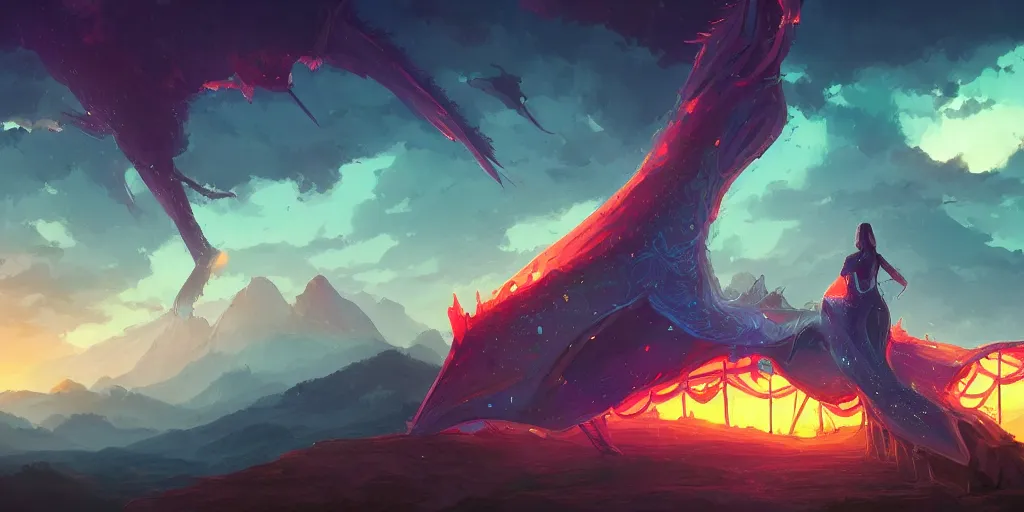 Image similar to a huge techno dragon sit on a mountain, landscape, science fiction fantasy, digital painting bioluminance alena aenami artworks in 4 k design by lois van baarle by sung choi by john kirby artgerm style pascal blanche and magali villeneuve